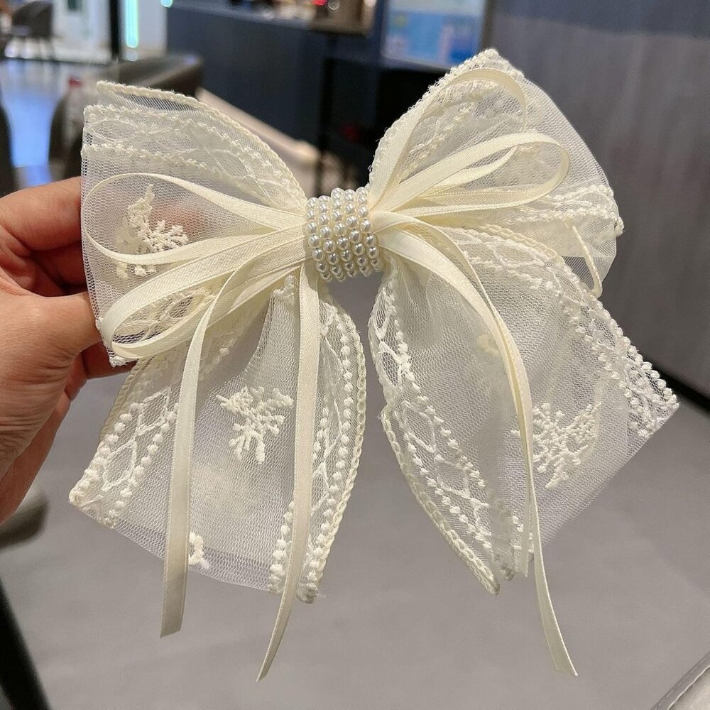Pearl Lace Bow Hair Clip for Women Teen Girls,Fashion Cute Bow Beige Hair Clips